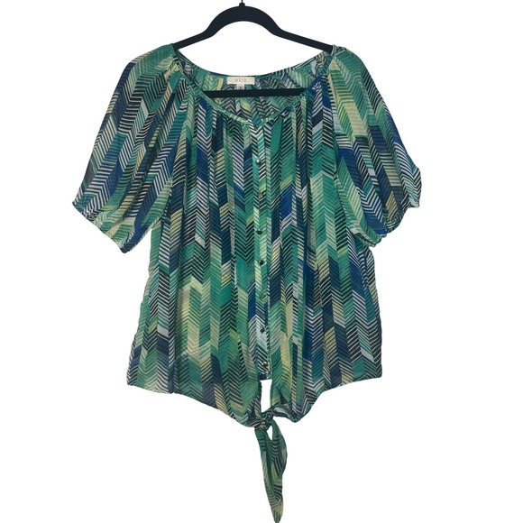 Halo Tops - Halo Women's M Medium Chevron Print Tie Front‎ Button Down Top Green Blue